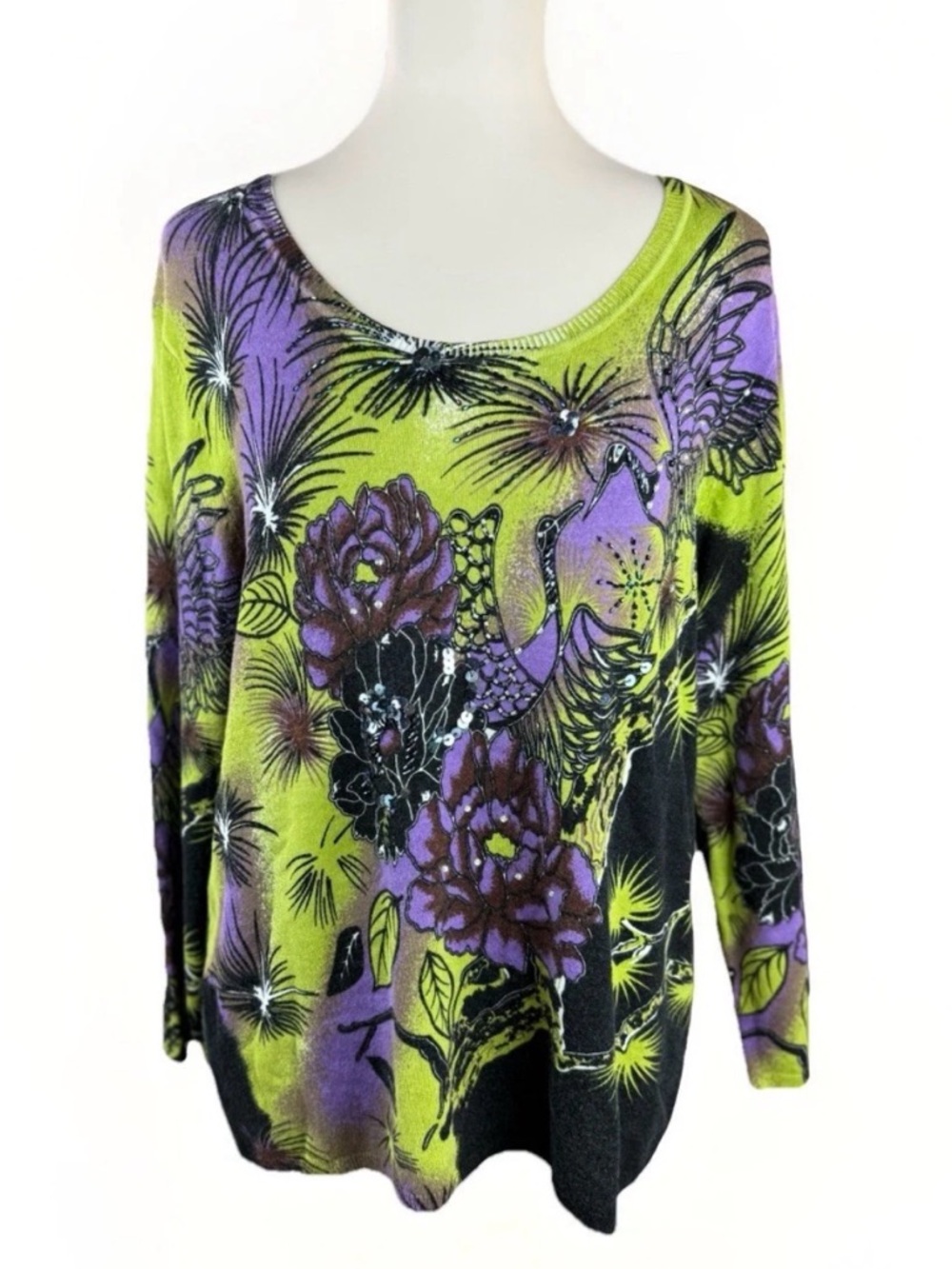 Peck & Peck Women's Sweater Sz XL V-Neck Purple Green Sequin Colorful Floral